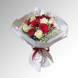 A bouquet of 15 red and white roses