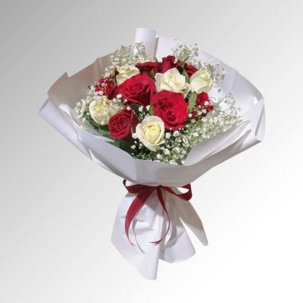 A bouquet of 15 red and white roses