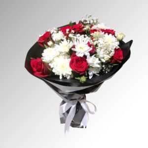 10 red juri roses White chrysanthemum